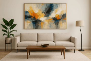 Tableau peinture sur toile suspendu au-dessus d’un meuble salon moderne, ambiance design et élégance contemporaine